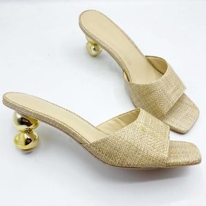 CULT GAIA Gigi Sculpted Gold Heel Woven Slide Sandals in Natural